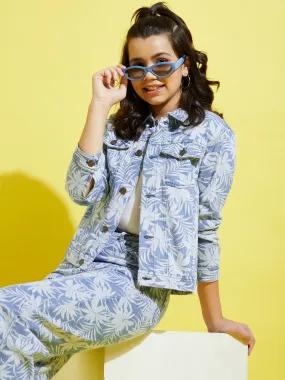 Girls Blue Denim Tropical Print Jacket