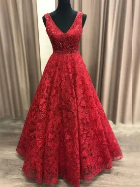 Gorgeous V Neck Long Burgundy Lace Prom, Burgundy Lace Formal Graduation Evening