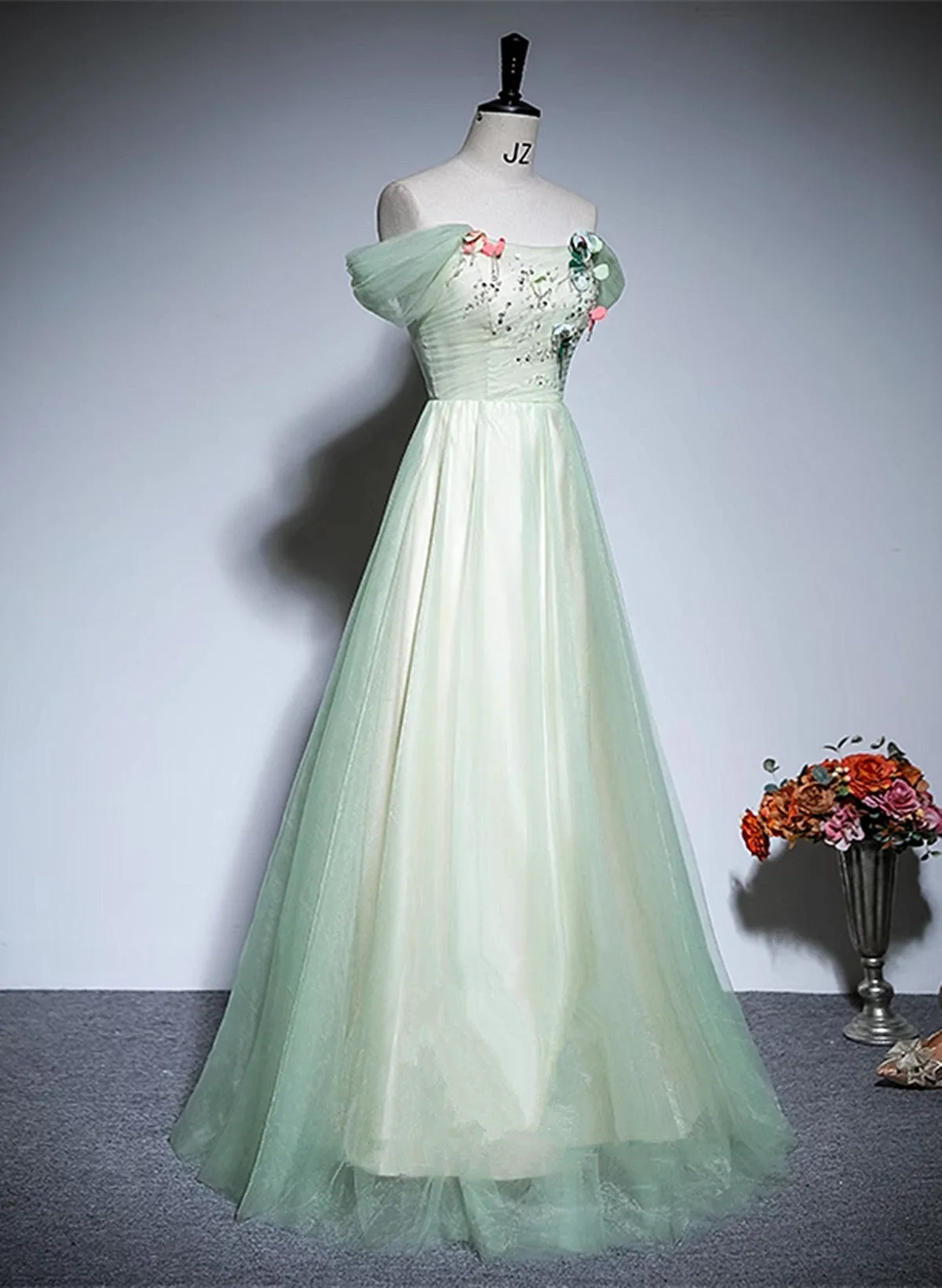 Green A-line Off Shoulder Tulle Long Formal Dress, Green Long Prom Dress