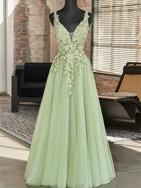 Green A-line V-neckline Tulle with Lace Long Party Dress, Green Tulle Prom Dress