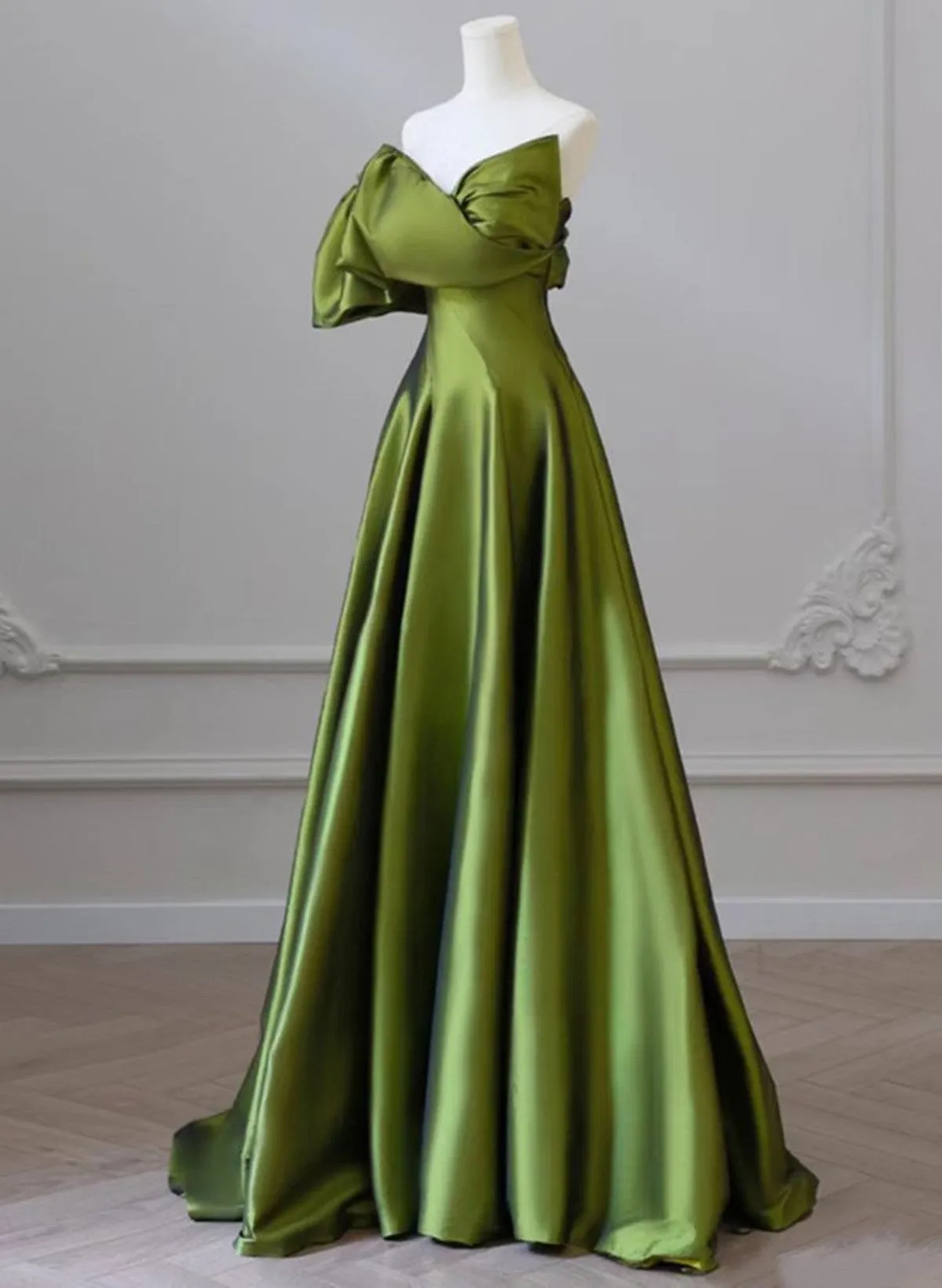 Green Satin Long One Shoulder Party Dress, Green A-line Satin Prom Dress