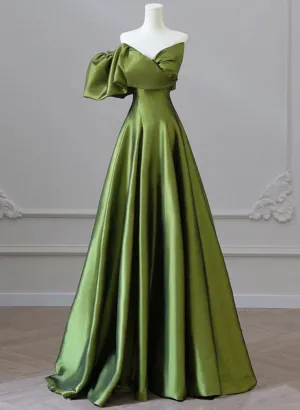 Green Satin Long One Shoulder Party Dress, Green A-line Satin Prom Dress