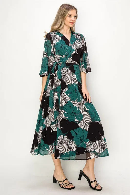 Green Sleeve Wrap V-Neck Maxi Dress