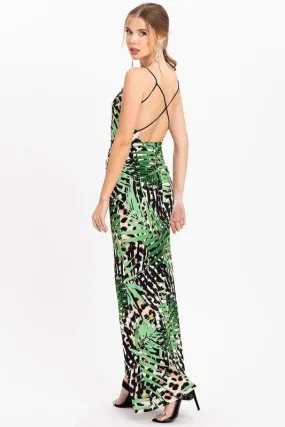 Green Tropical Leaf Anial Print Maxi Dress