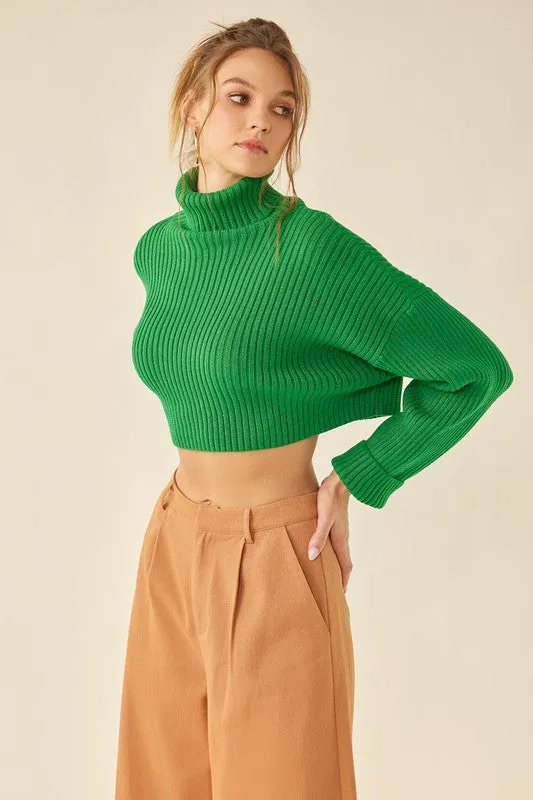 Green Turtle Neck Loose Fit Crop Sweater