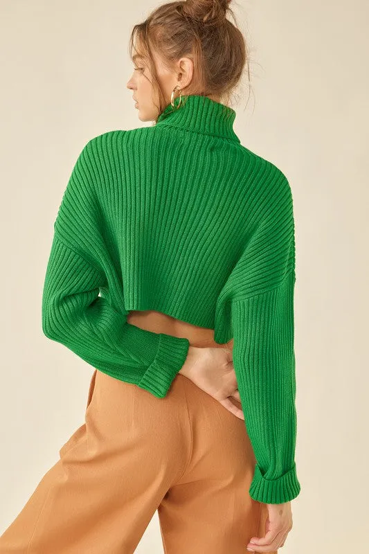 Green Turtle Neck Loose Fit Crop Sweater