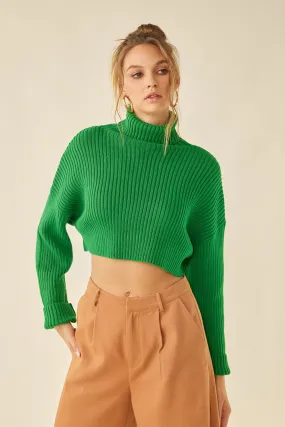 Green Turtle Neck Loose Fit Crop Sweater