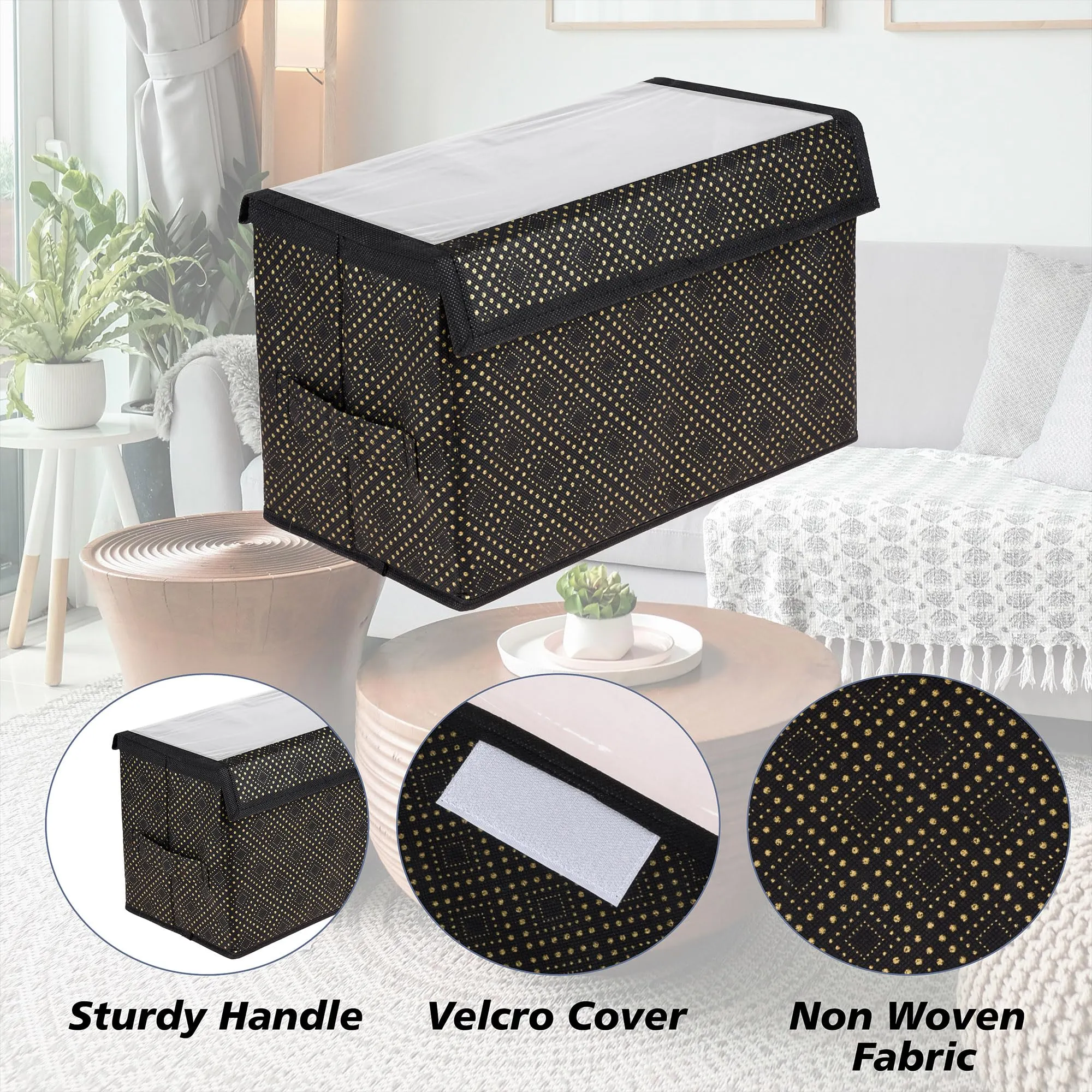 Heart Home Drawer Storage Box|Clothes Drawer Organizer with Handle|Transparent Lid with Velcro|Wardrobe Organizer for Books|Golden-Dot Dhakkan Storage Box|Small|Black