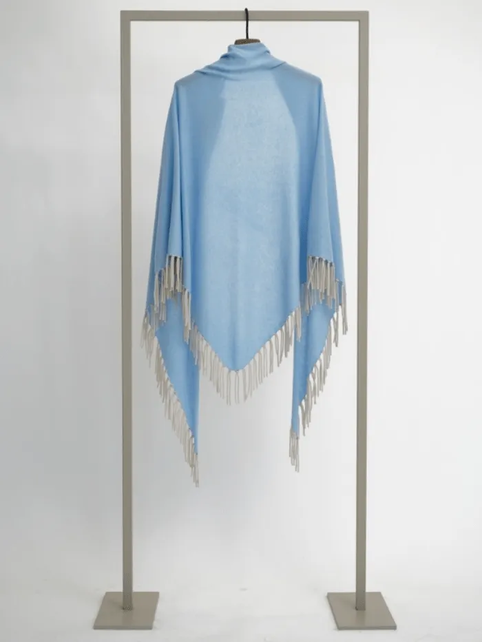 Herzen’s Angelegenheit Women's Wool And Cashmere Sky Blue Cape With Stone Tassels 25244-5000 Col 803231