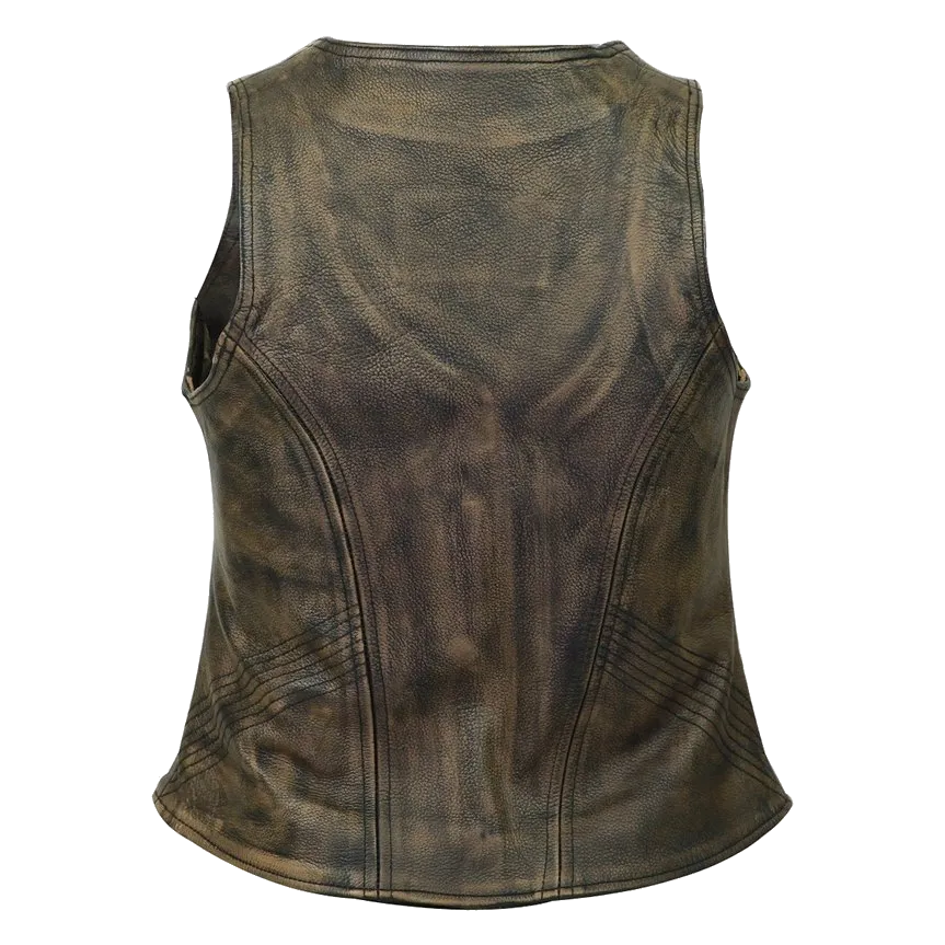 HML1031DB High Mileage Women's Distressed Brown Three-Zipper Cowhide Leather Vest