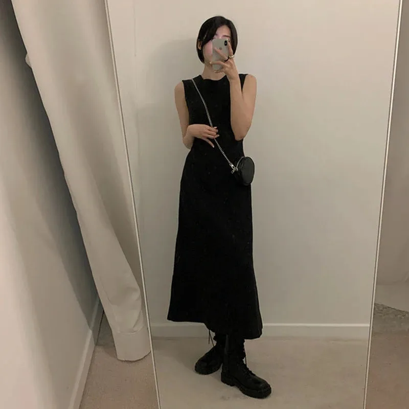 Hollow Out Dress Women Elegant Solid Sleeveless A Line Midi Dresses Summer Korean Drawstring Backless Sundress Vestidos