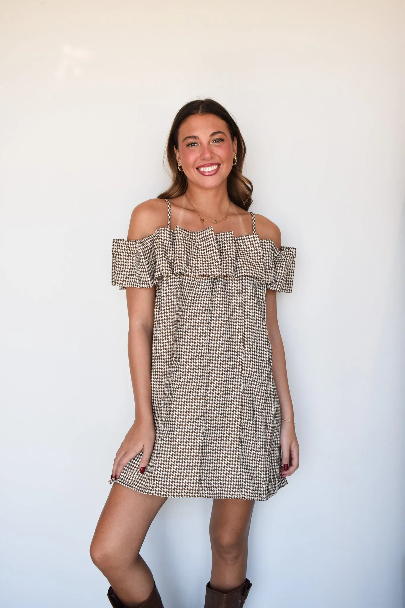 Houndstooth Off The Shoulder Dress