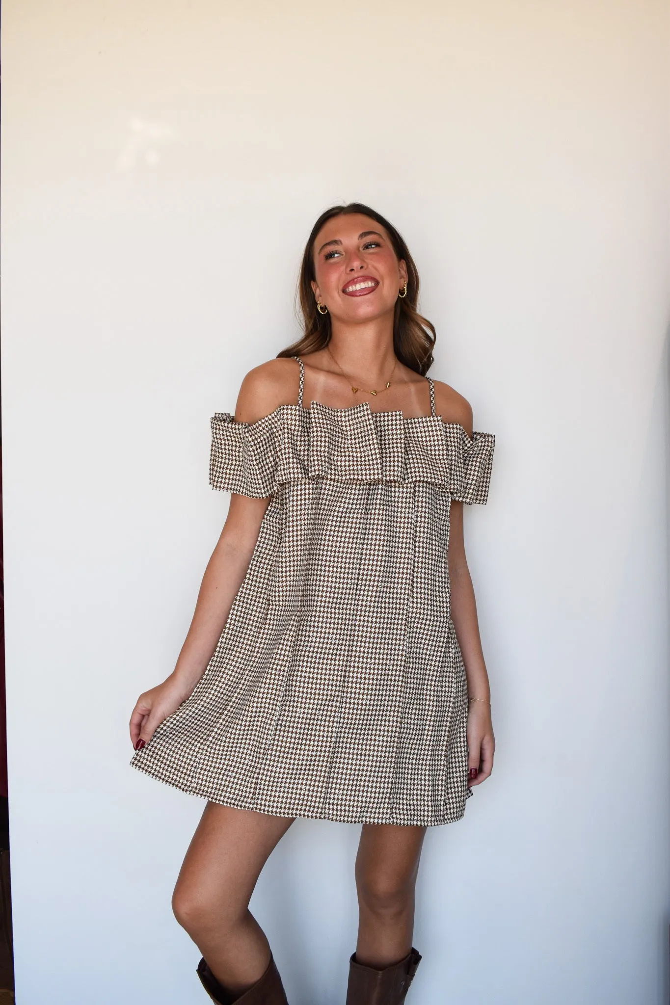 Houndstooth Off The Shoulder Dress