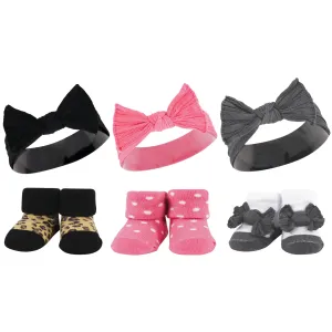 Hudson Baby Headband and Socks Giftset, Black Wild Rose Leopard