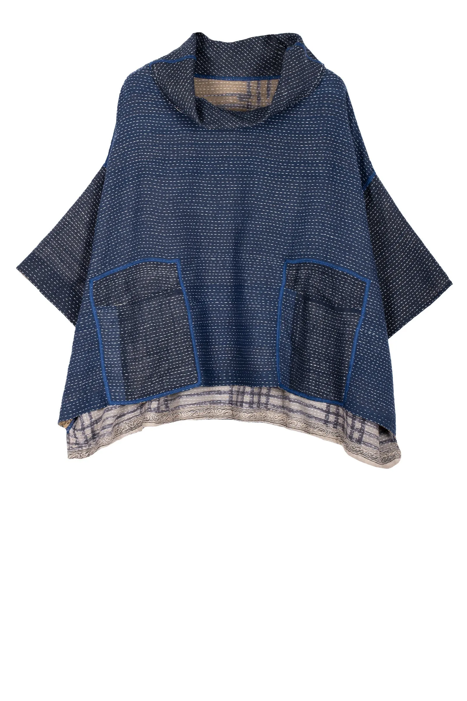 INDONESIAN PRINT VINTAGE INDIGO BACKING KANTHA COWL NECK PONCHO - bi2061-blu -