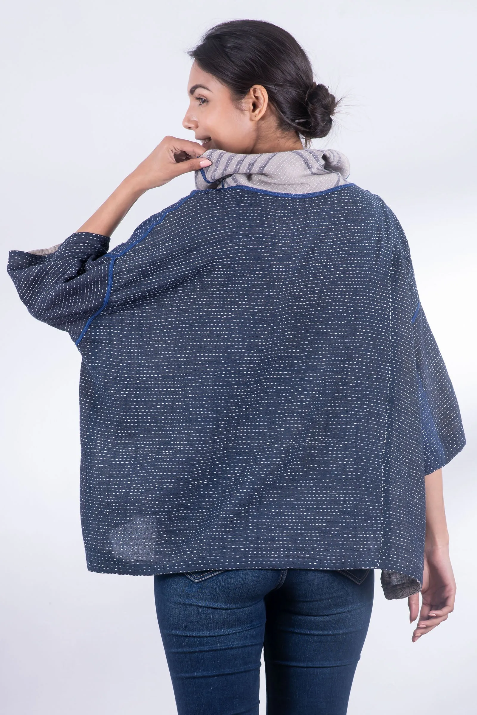 INDONESIAN PRINT VINTAGE INDIGO BACKING KANTHA COWL NECK PONCHO - bi2061-blu -