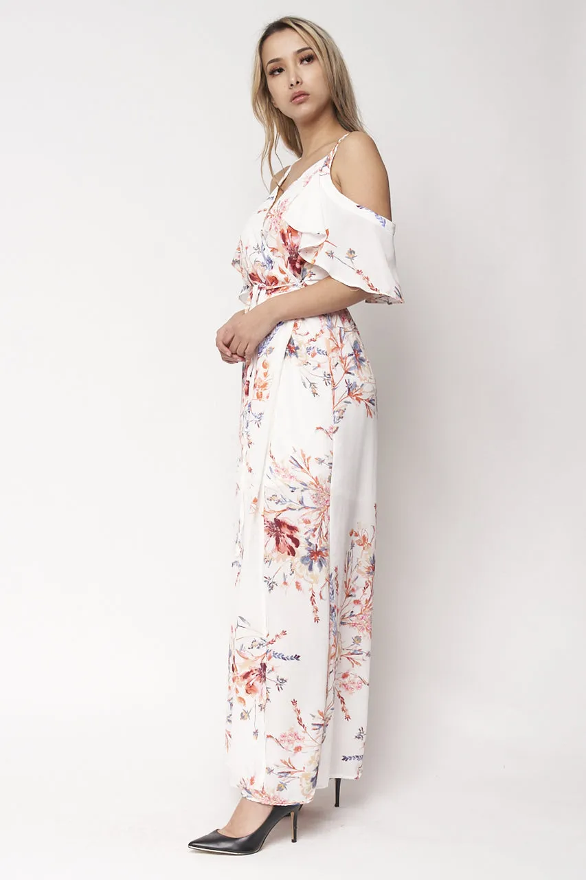 Ivory Floral Cold Shoulder Wrap Maxi Dress