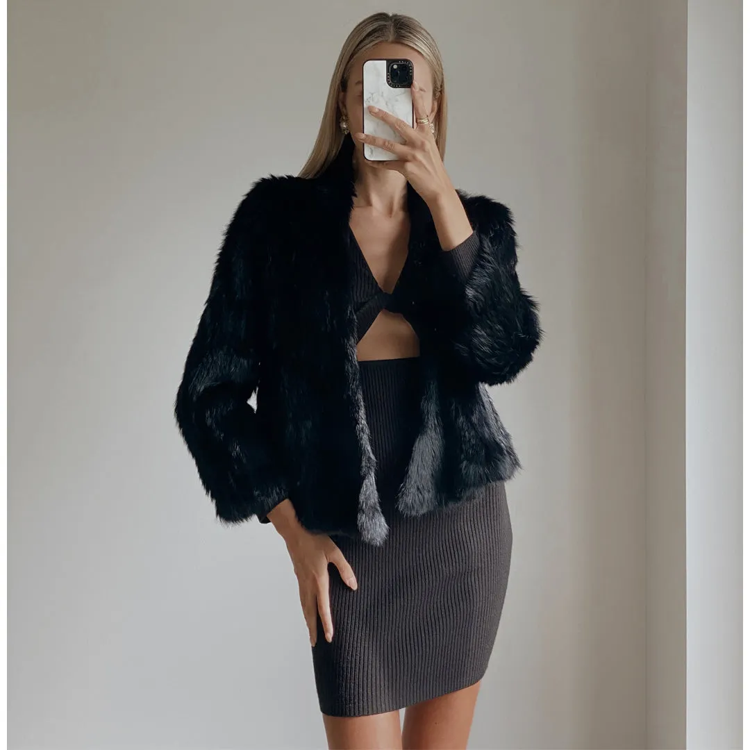 JANE Black Long Sleeve Classic Fur Jacket