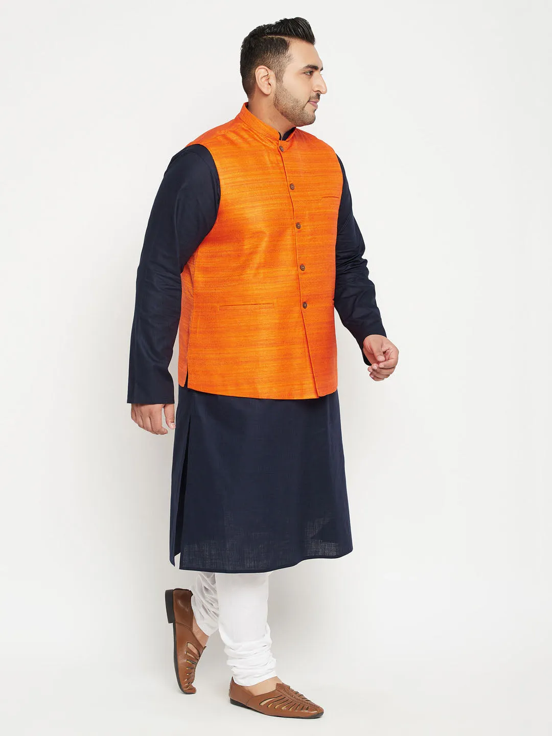 Jashvi Men's Plus Size Navy Blue and Orange Cotton Blend Jacket Kurta Pyjama Set