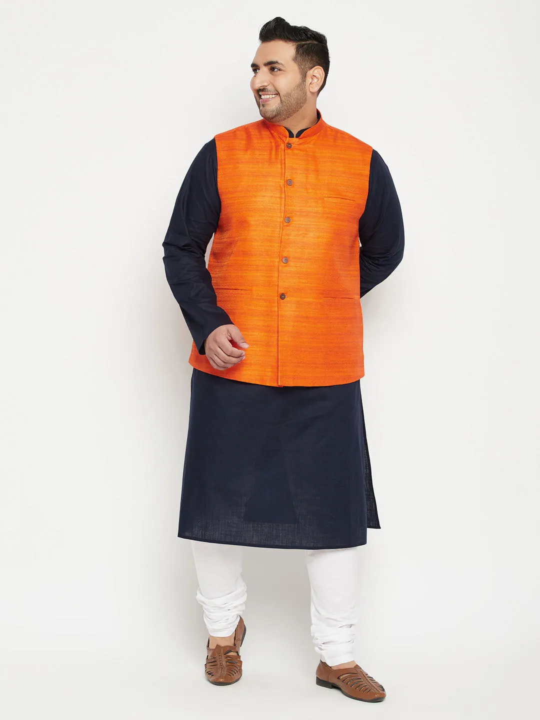 Jashvi Men's Plus Size Navy Blue and Orange Cotton Blend Jacket Kurta Pyjama Set