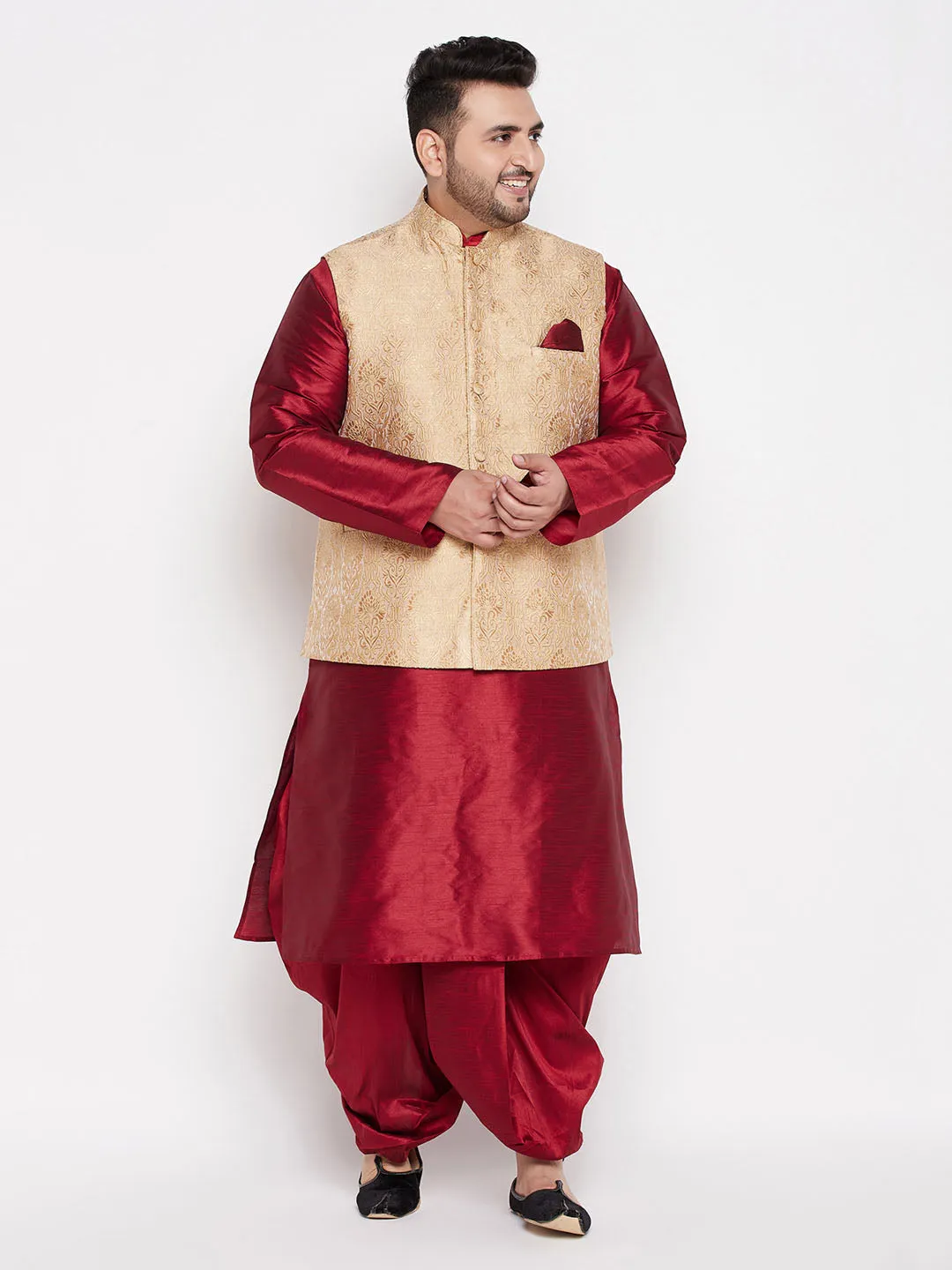 Jashvi Men's Plus Size Rose Gold Brocade Silk Blend Jacket And Maroon Kurta With Pleated Dhoti Set