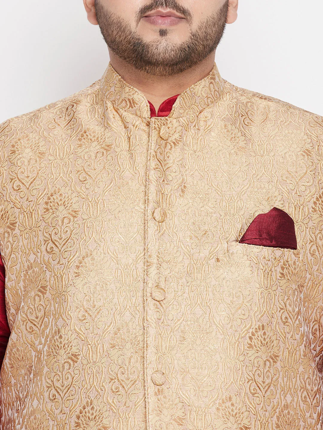 Jashvi Men's Plus Size Rose Gold Brocade Silk Blend Jacket And Maroon Kurta With Pleated Dhoti Set