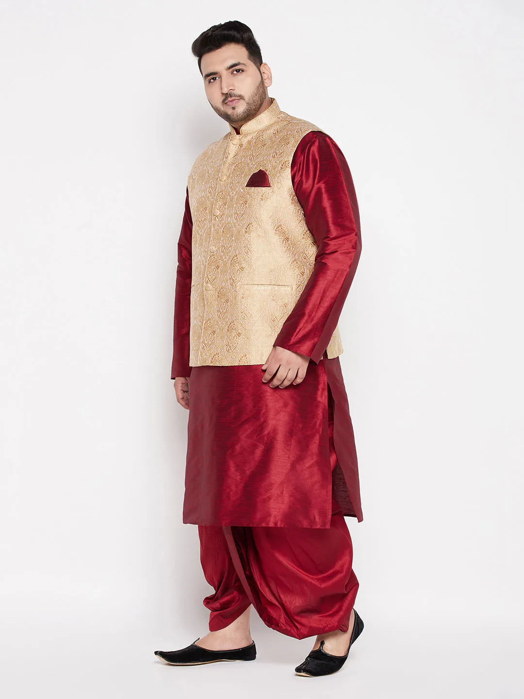 Jashvi Men's Plus Size Rose Gold Brocade Silk Blend Jacket And Maroon Kurta With Pleated Dhoti Set