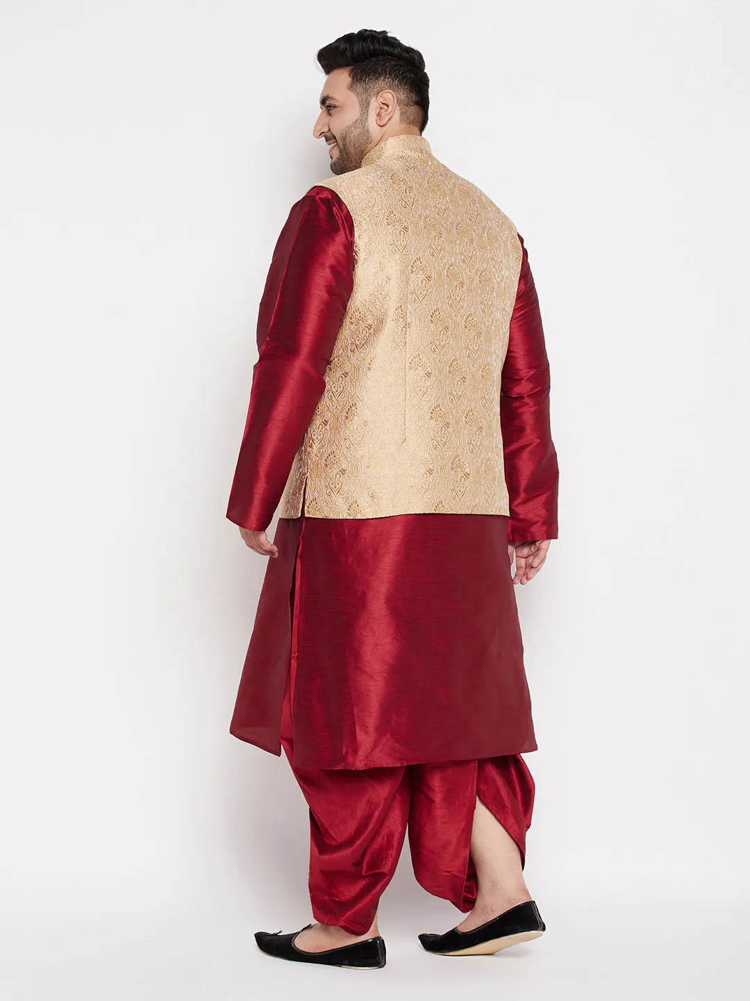 Jashvi Men's Plus Size Rose Gold Brocade Silk Blend Jacket And Maroon Kurta With Pleated Dhoti Set