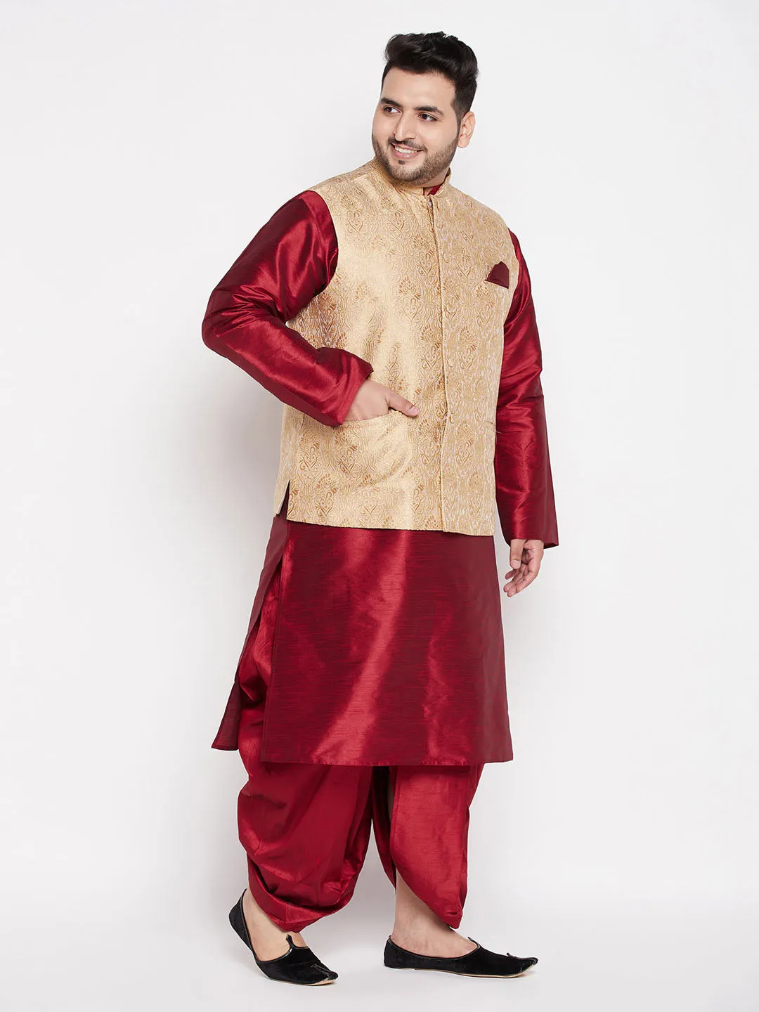 Jashvi Men's Plus Size Rose Gold Brocade Silk Blend Jacket And Maroon Kurta With Pleated Dhoti Set