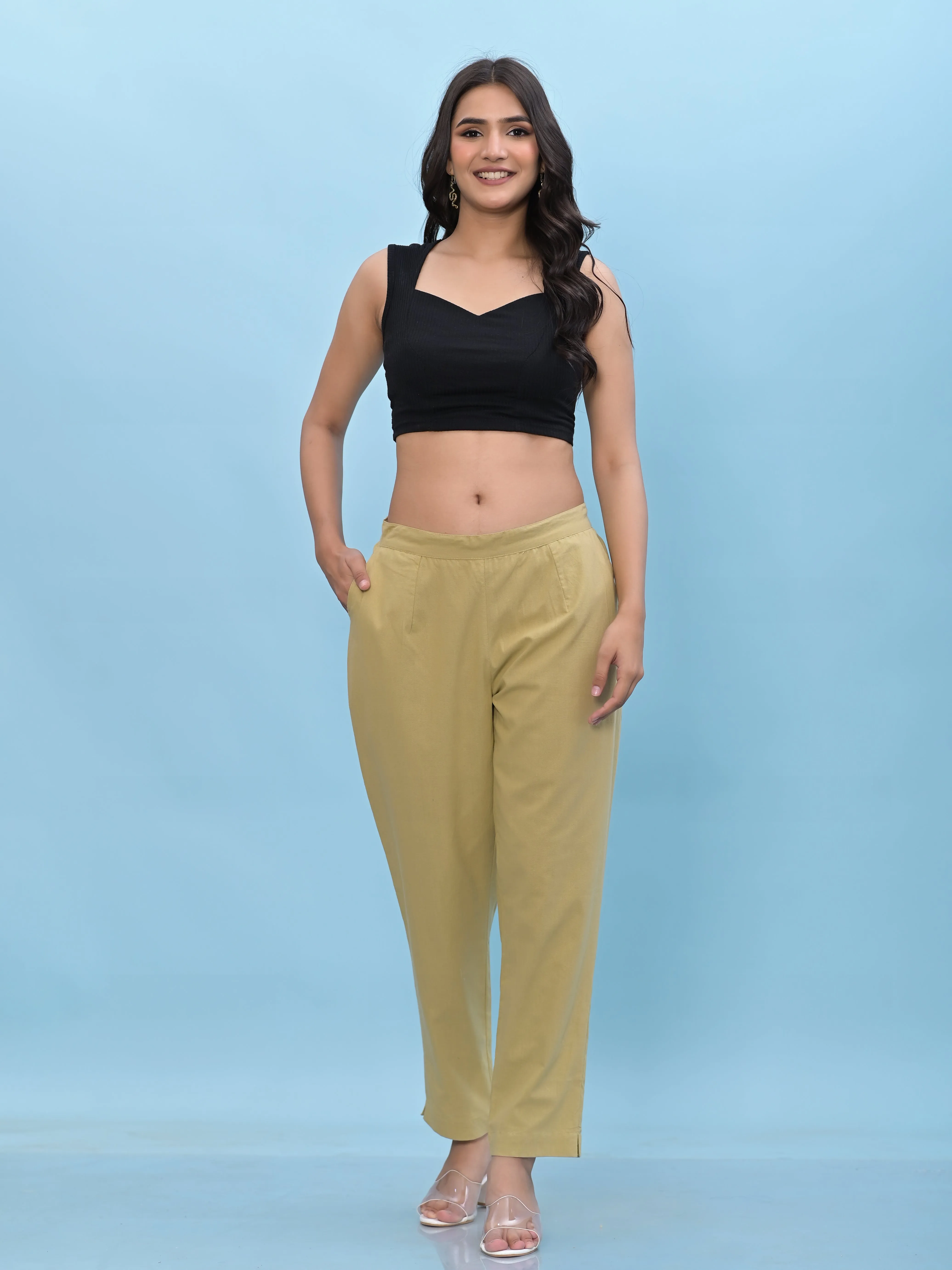 Jashvi Women Olive Solid Cotton Pants with Partially Elasticated Waistband and Two Side Pockets