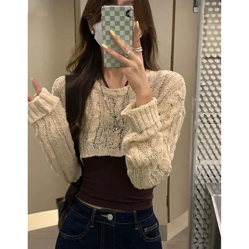 Joskaa Y2k Knitted Blouse Women Casual Long Sleeve Crop Tops Ladies Autumn Korean Fashion Short Sweater Female Thin Pullover Chic