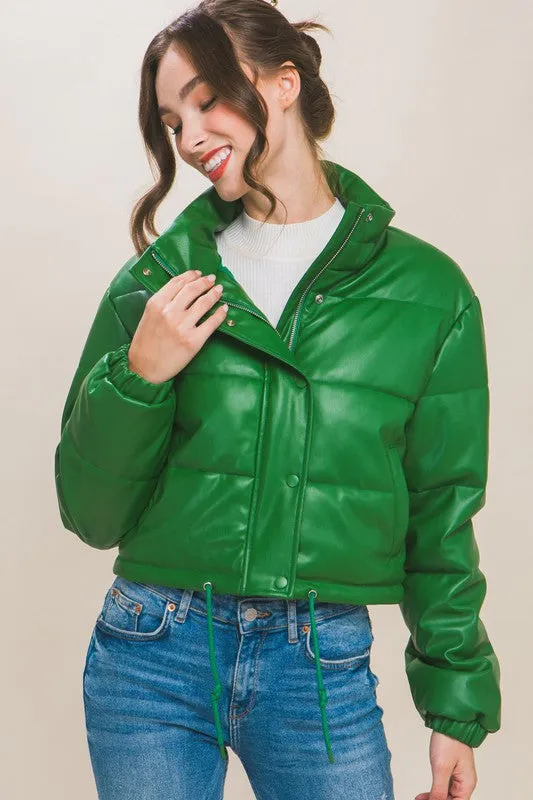 Kelly PU Faux Leather Puffer Jacket With Snap Closure