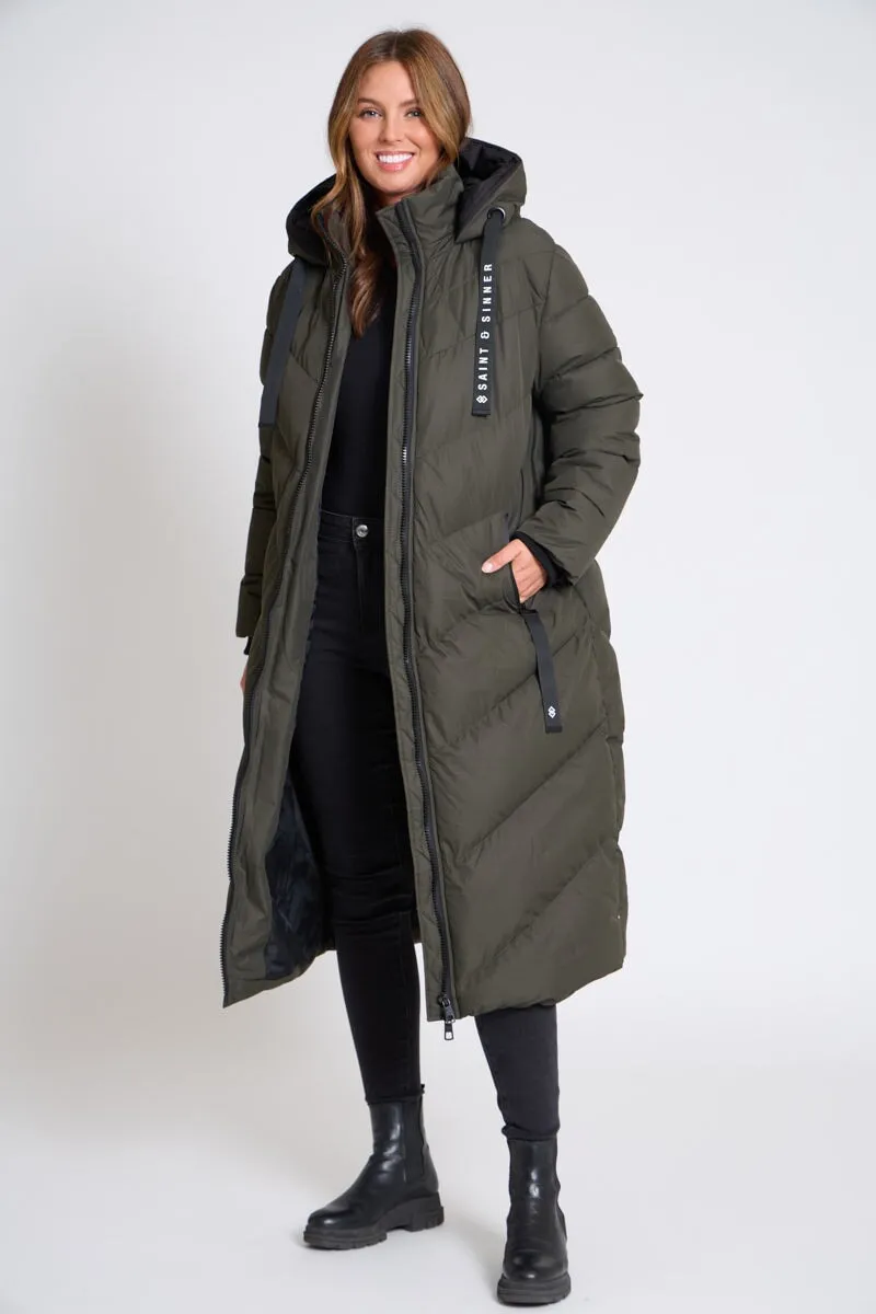 KHAKI HOODED PUFFER COAT WITH 2 ZIP FRONT POCKETS