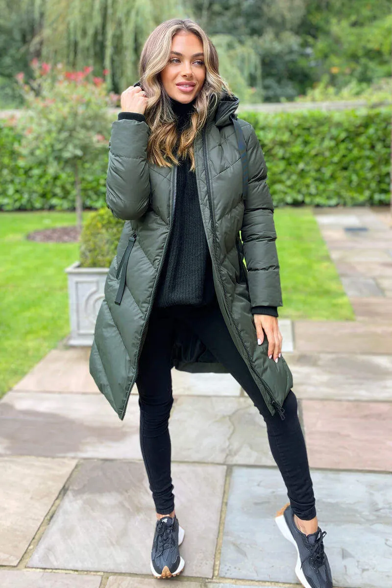 KHAKI HOODED PUFFER COAT WITH 2 ZIP FRONT POCKETS