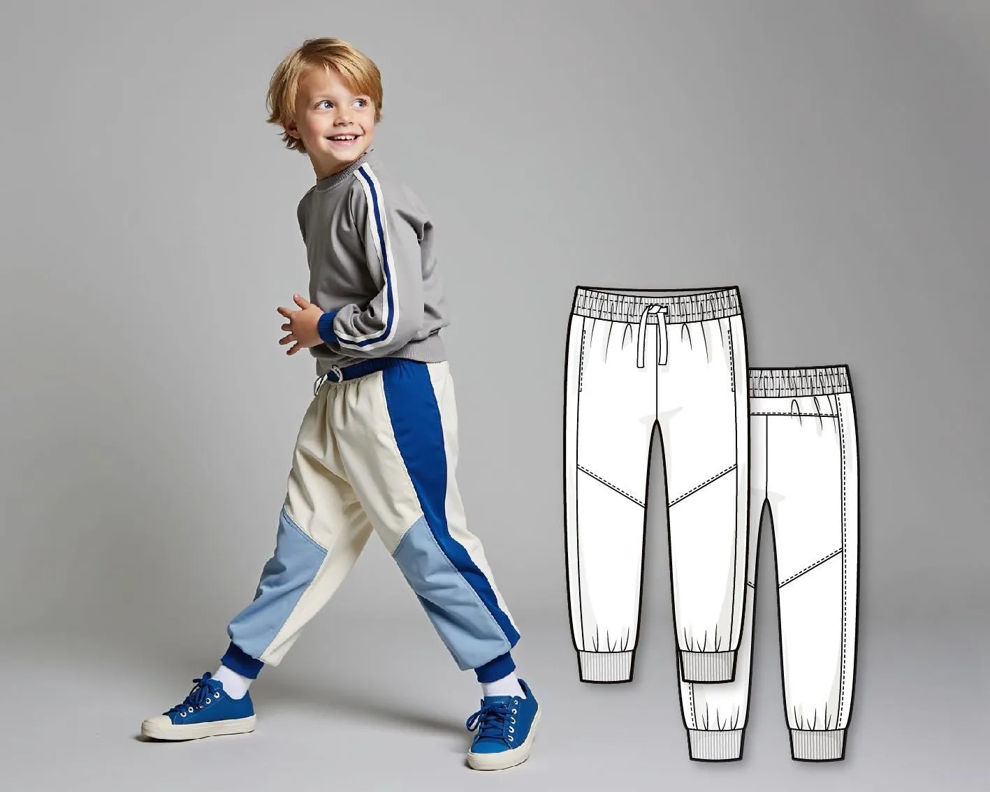 Kids Color Block Jogger Pants PDF Sewing Pattern, Boys Cuffed Joggers with Drawstring and Pockets, DIY Easy Pants for Beginners