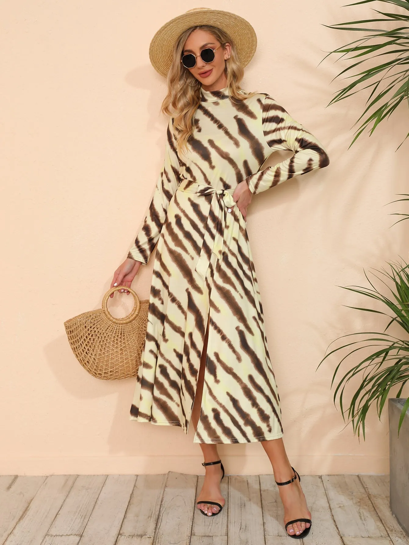 KittenAlarm - tiger pattern long sleeve split belted dress