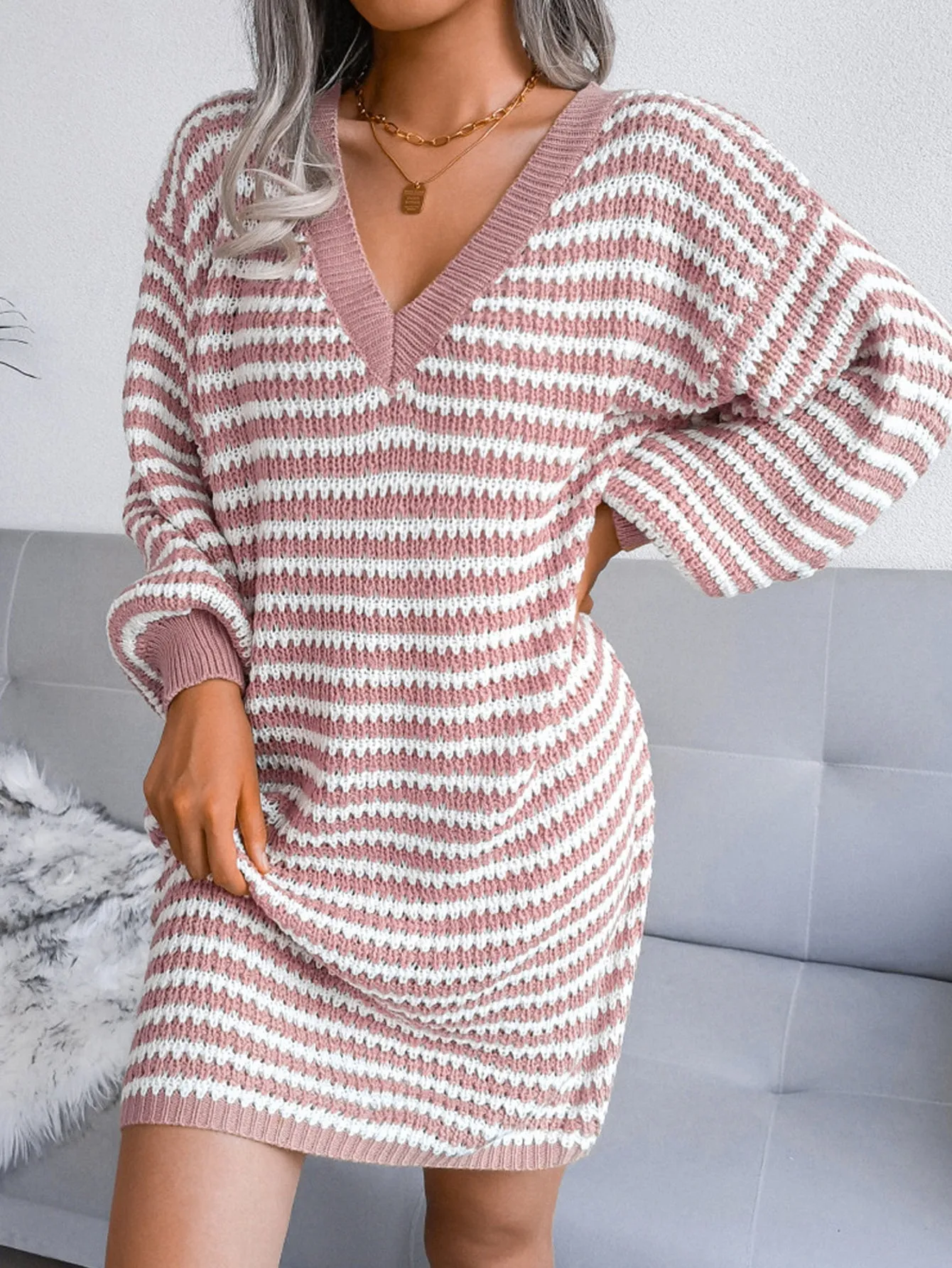 KittenAlarm - V Neck Bishop Sleeve Striped Sweater Dress