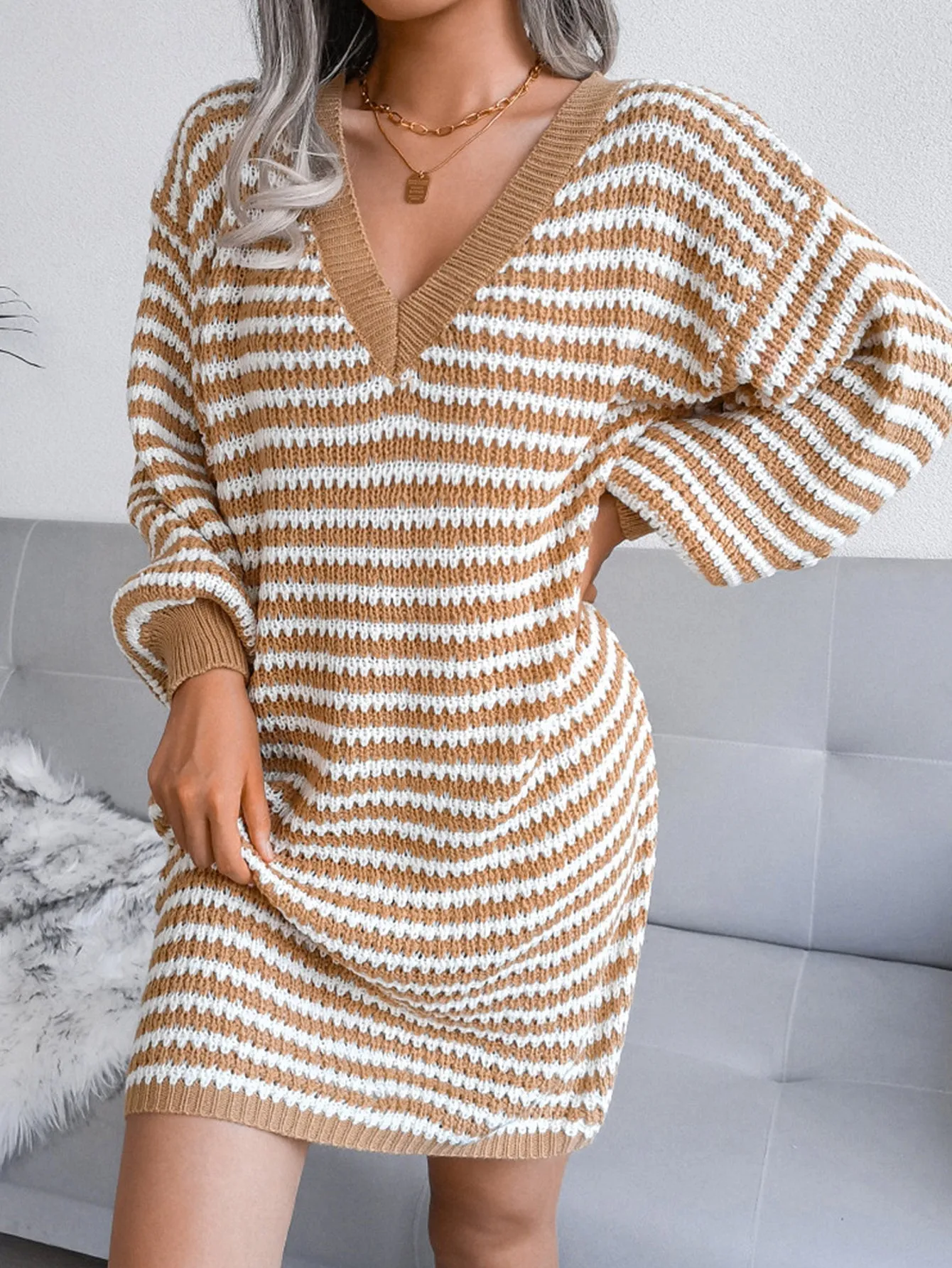 KittenAlarm - V Neck Bishop Sleeve Striped Sweater Dress