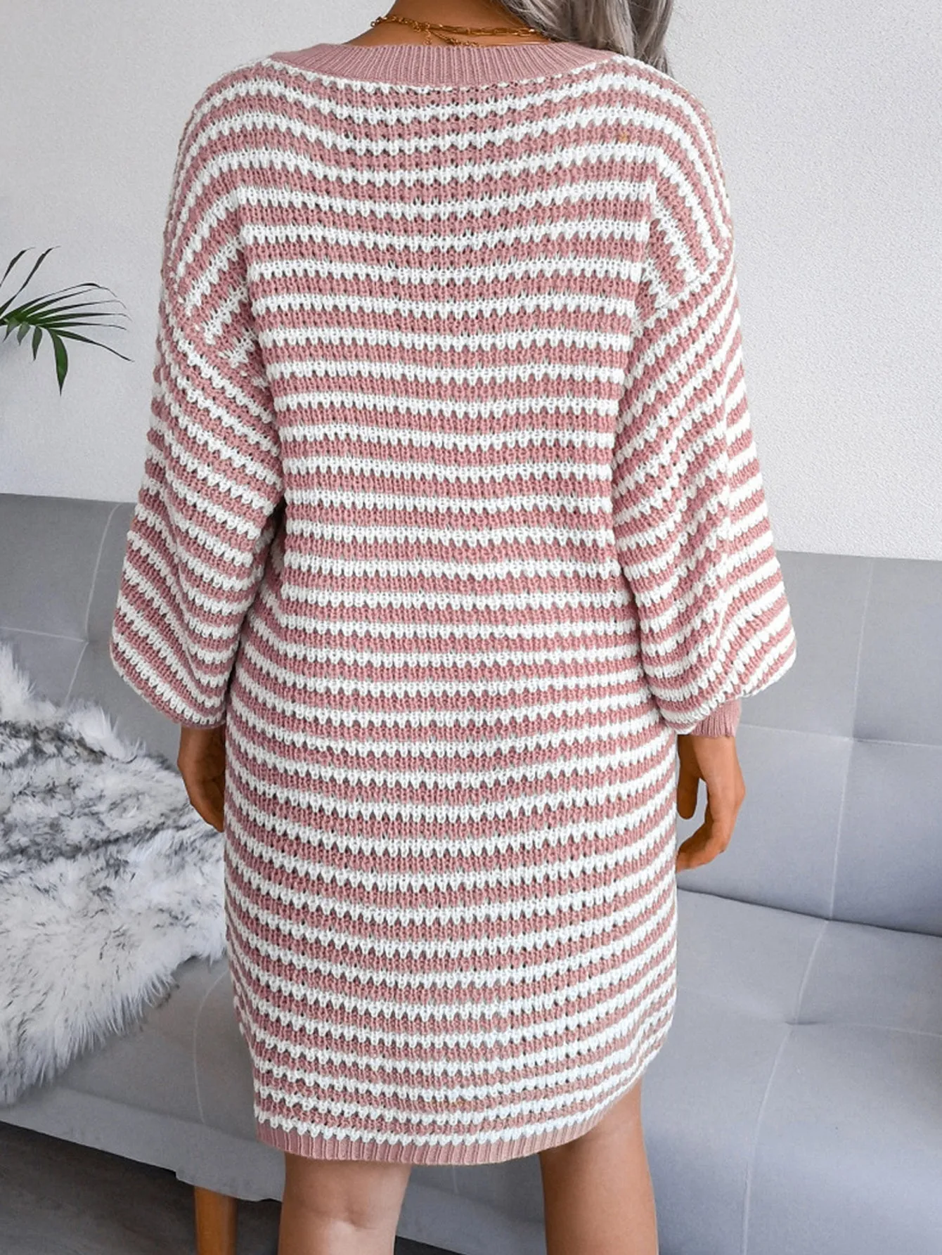 KittenAlarm - V Neck Bishop Sleeve Striped Sweater Dress