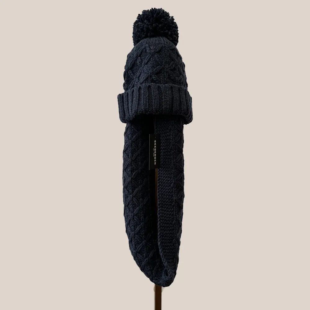 Knit Beanie Turn-Up With Yarn Pompon In Cable Structure