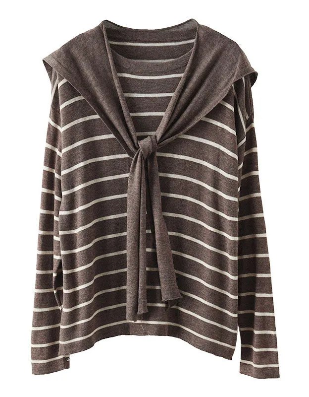 Knit Striped Pullover Loose Long Sleeve Shawl Shirt