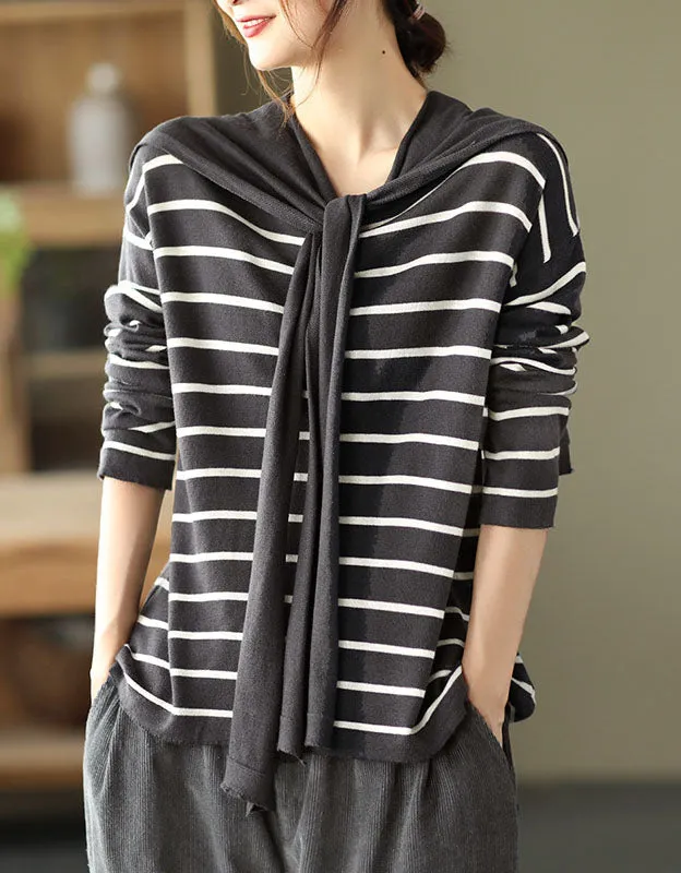 Knit Striped Pullover Loose Long Sleeve Shawl Shirt