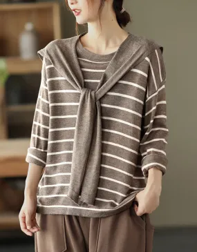 Knit Striped Pullover Loose Long Sleeve Shawl Shirt