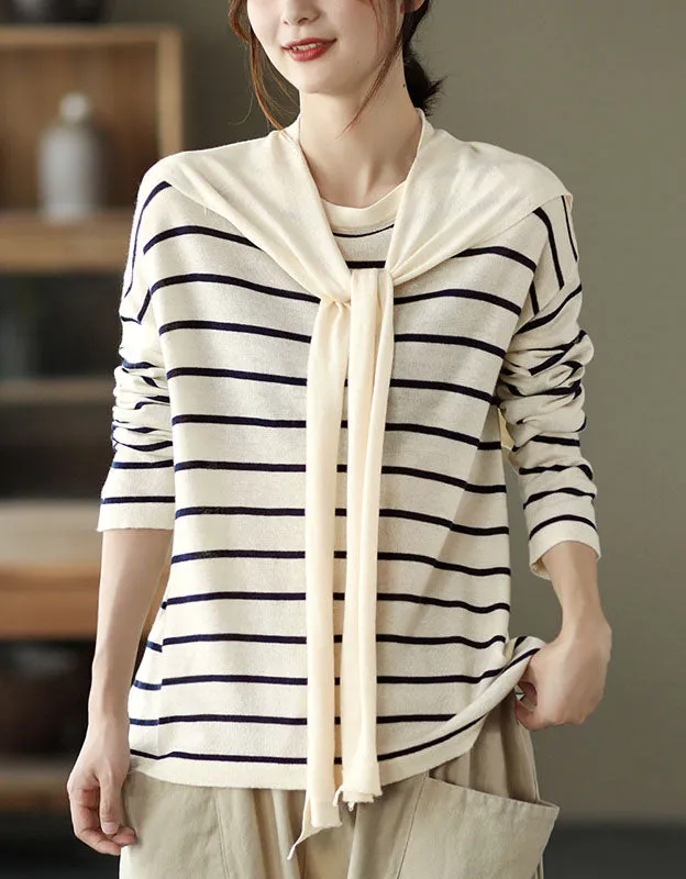 Knit Striped Pullover Loose Long Sleeve Shawl Shirt