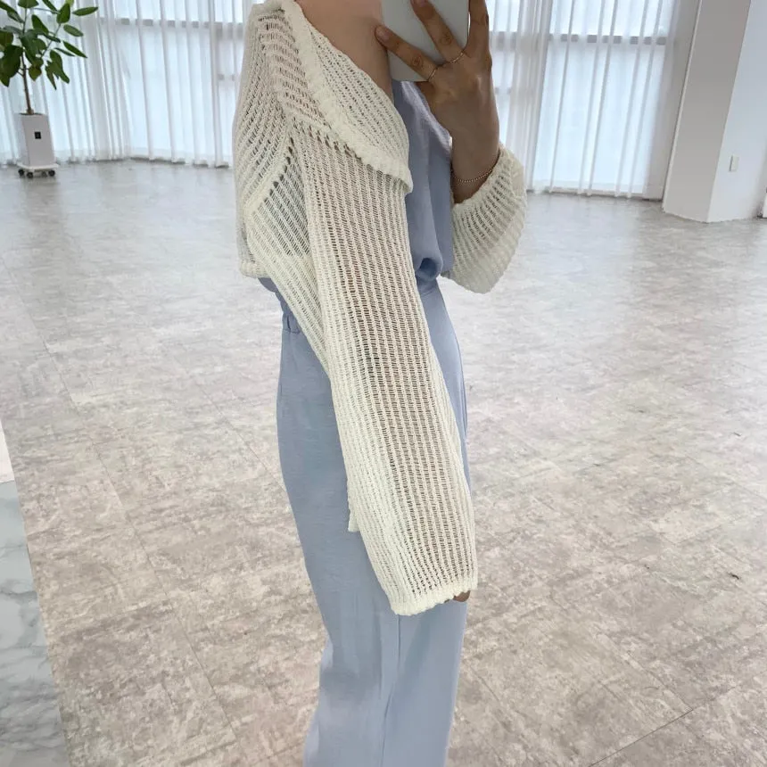 [Korean Style] Crochet Cardigan Cami Top Cinched Waist Slit Trouser 3 pc Set
