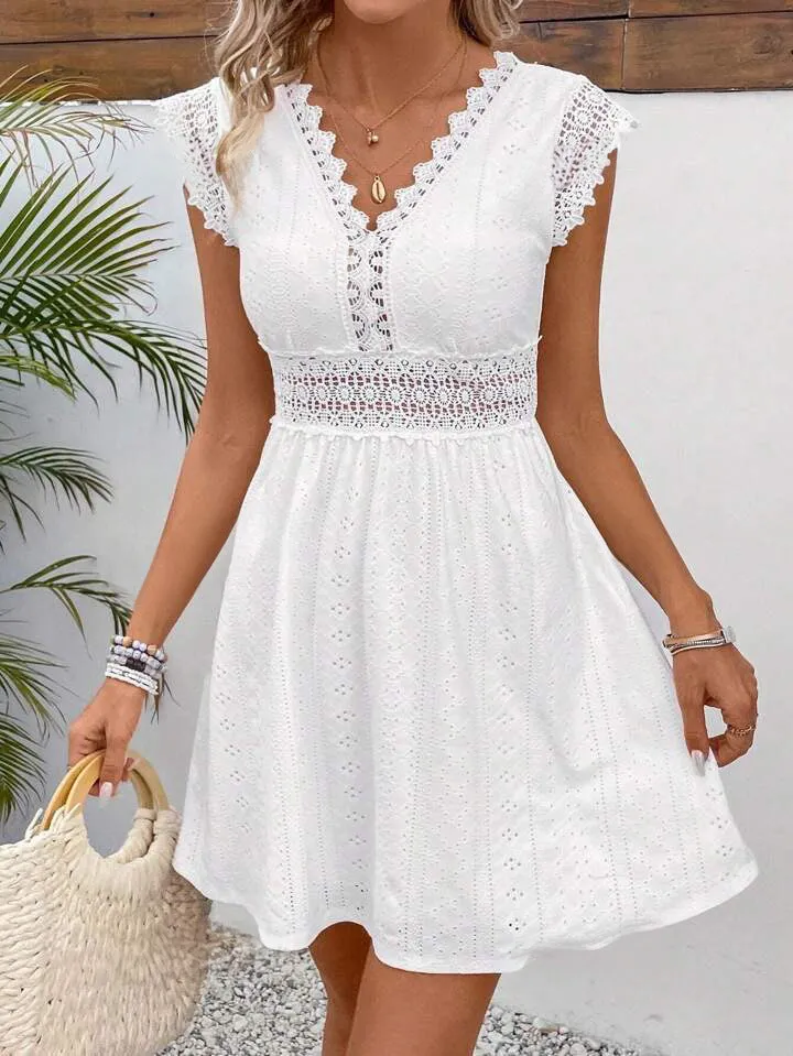 Lace Patchwork Sexy Cinched Waist Hollow Out Jacquard V-Neck Mini Dress