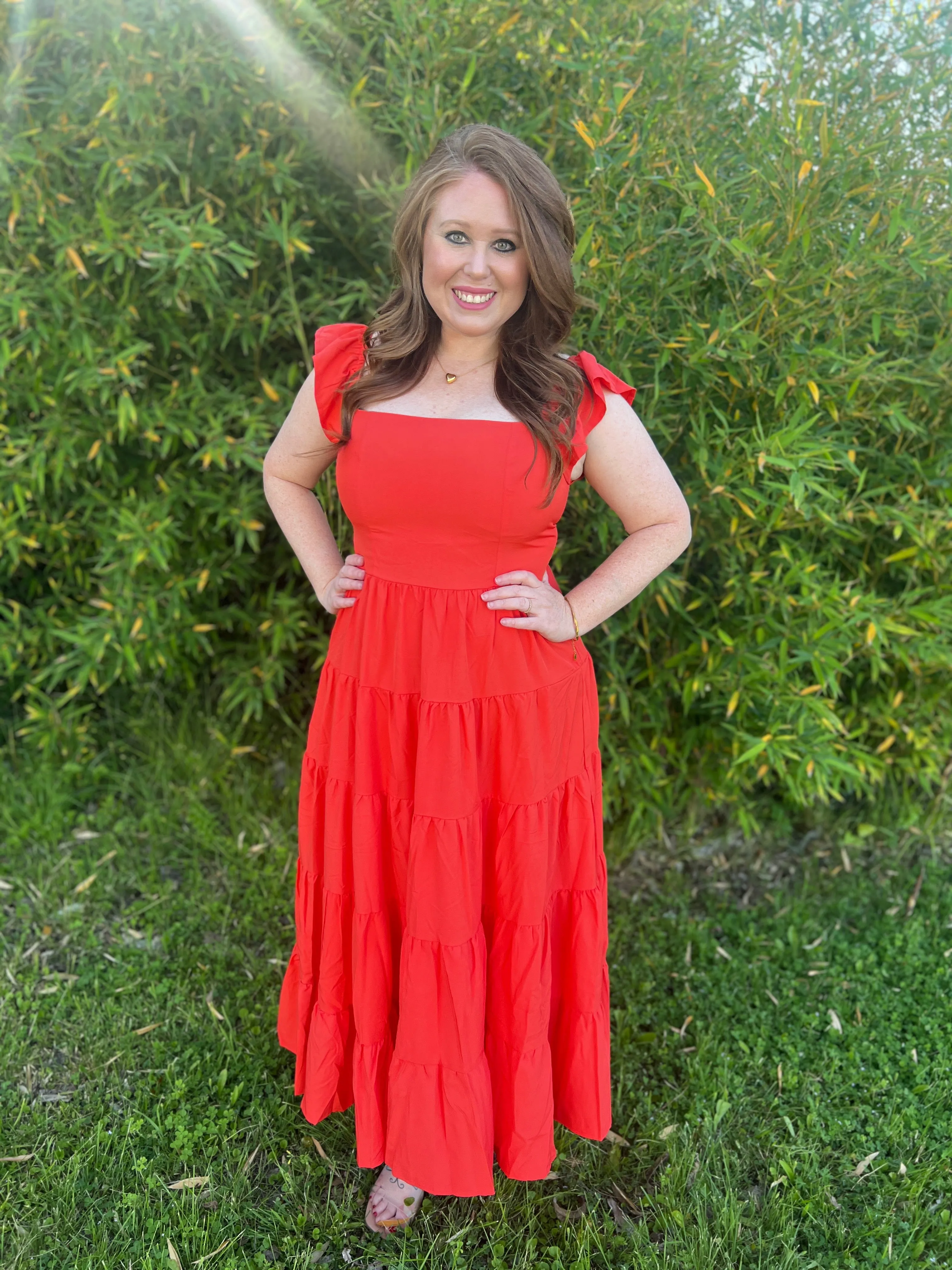 Lady In Red Ruffle Sleeve Dress