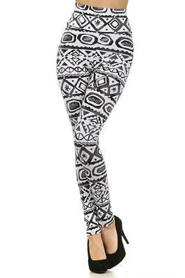 Leggings Tribal Aztec High Waist New Long Pants Gray Black Stretch Knit