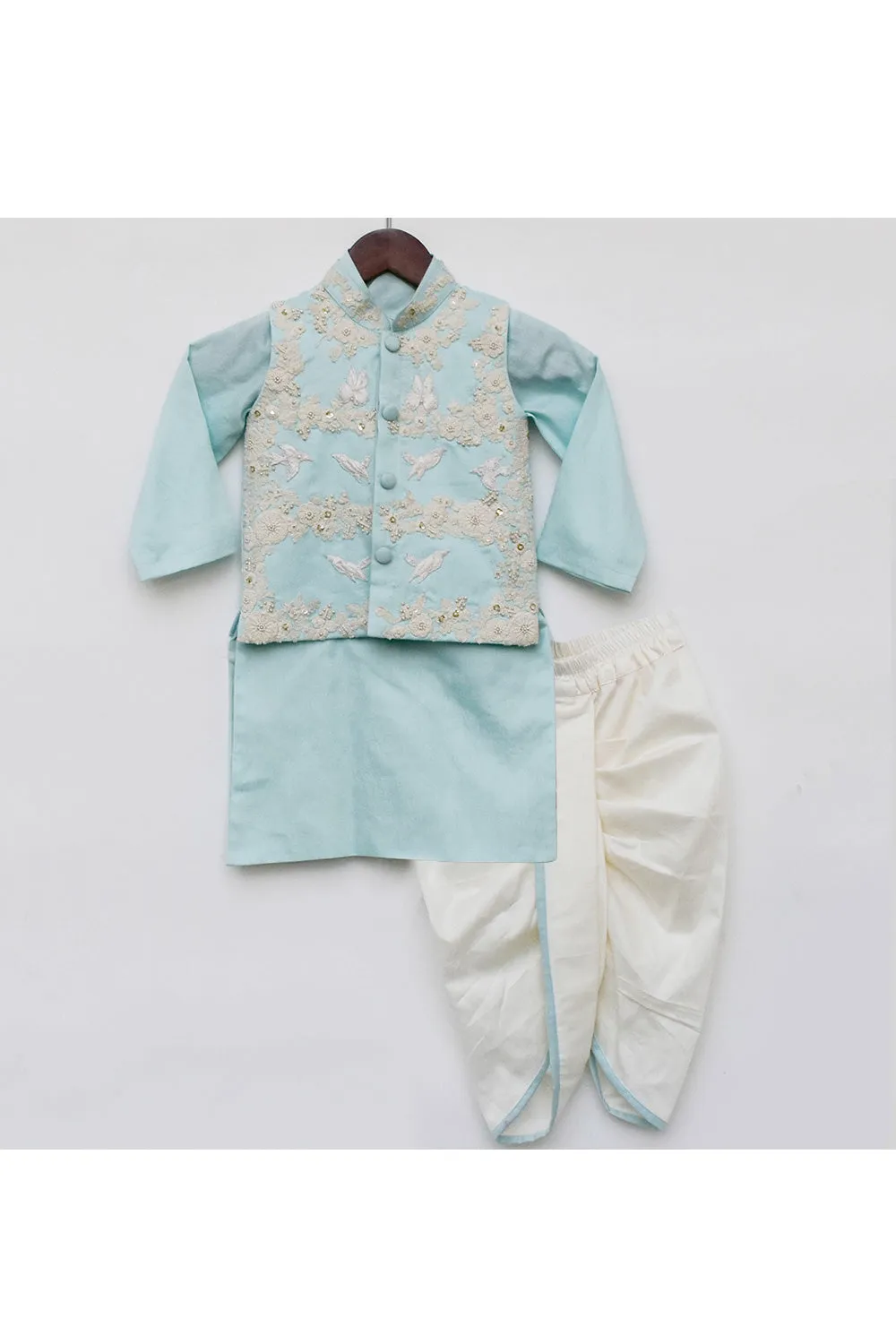 Light Blue Cotton Silk Kurta With Thread Embroidered Jacket Set