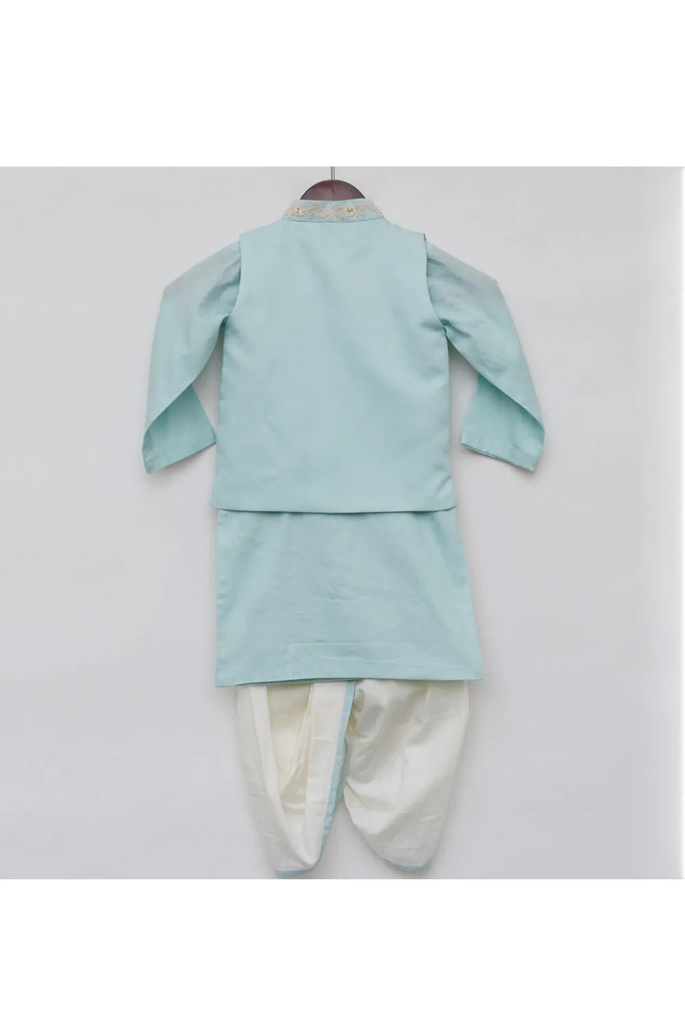 Light Blue Cotton Silk Kurta With Thread Embroidered Jacket Set